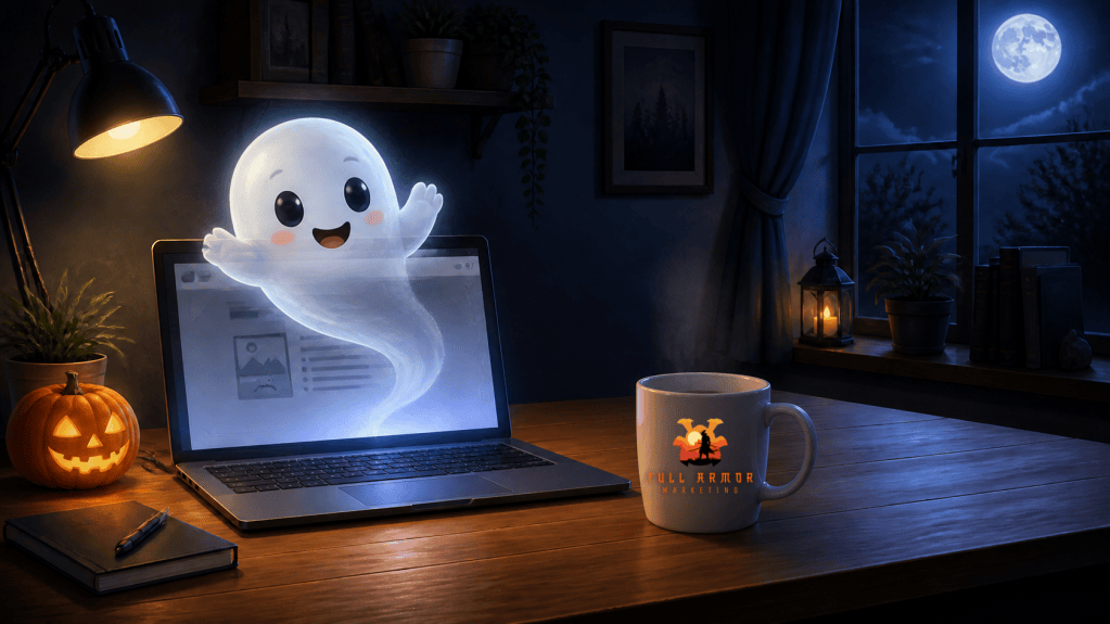 Cartoon ghost floating out of a laptop beside a Full Armor Marketing coffee mug